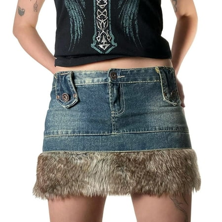 

koaiezne Women S Low Waist Hairy Trim Retro Package Short Skirt Comfortable Skirts Plaid Zip up Skirt