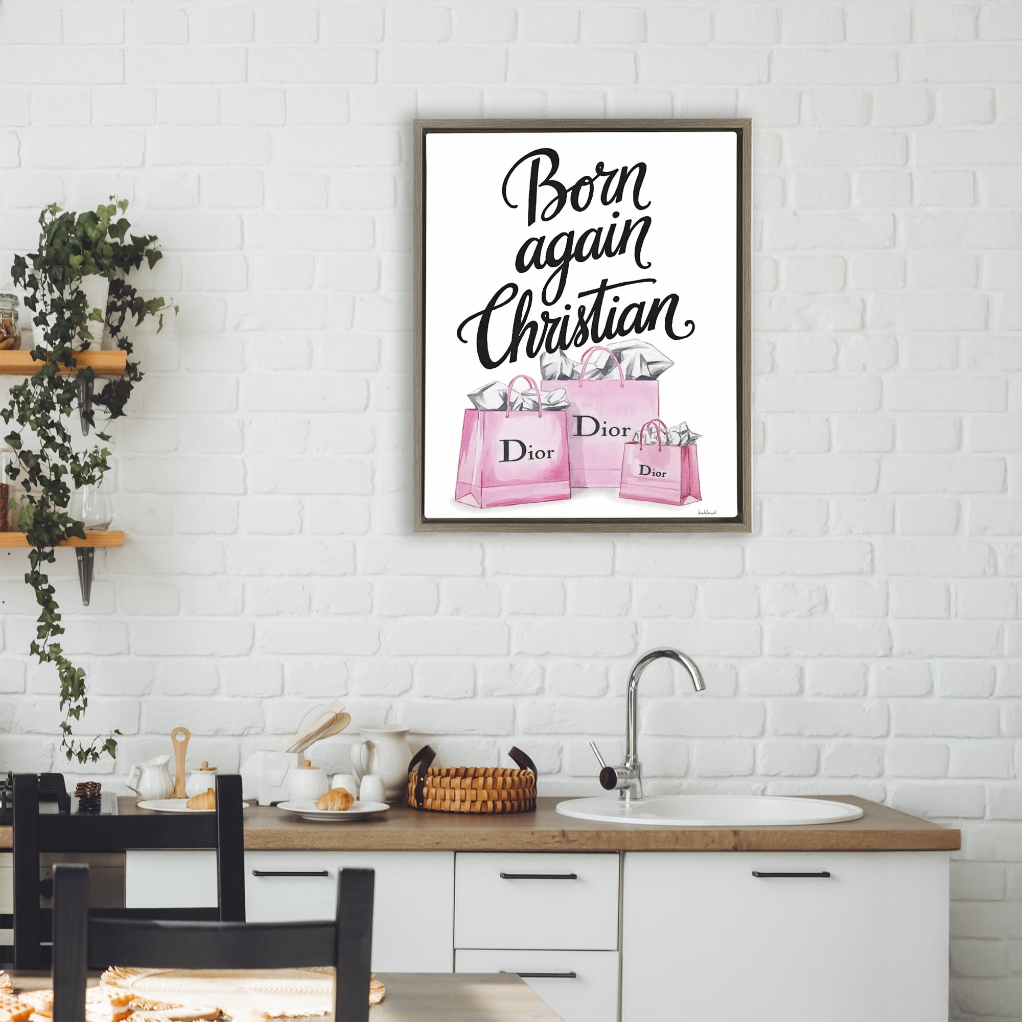 Pink Bags Born Again Christian Brown Framed Floater Canvas Wall Art, design by Amanda Greenwood