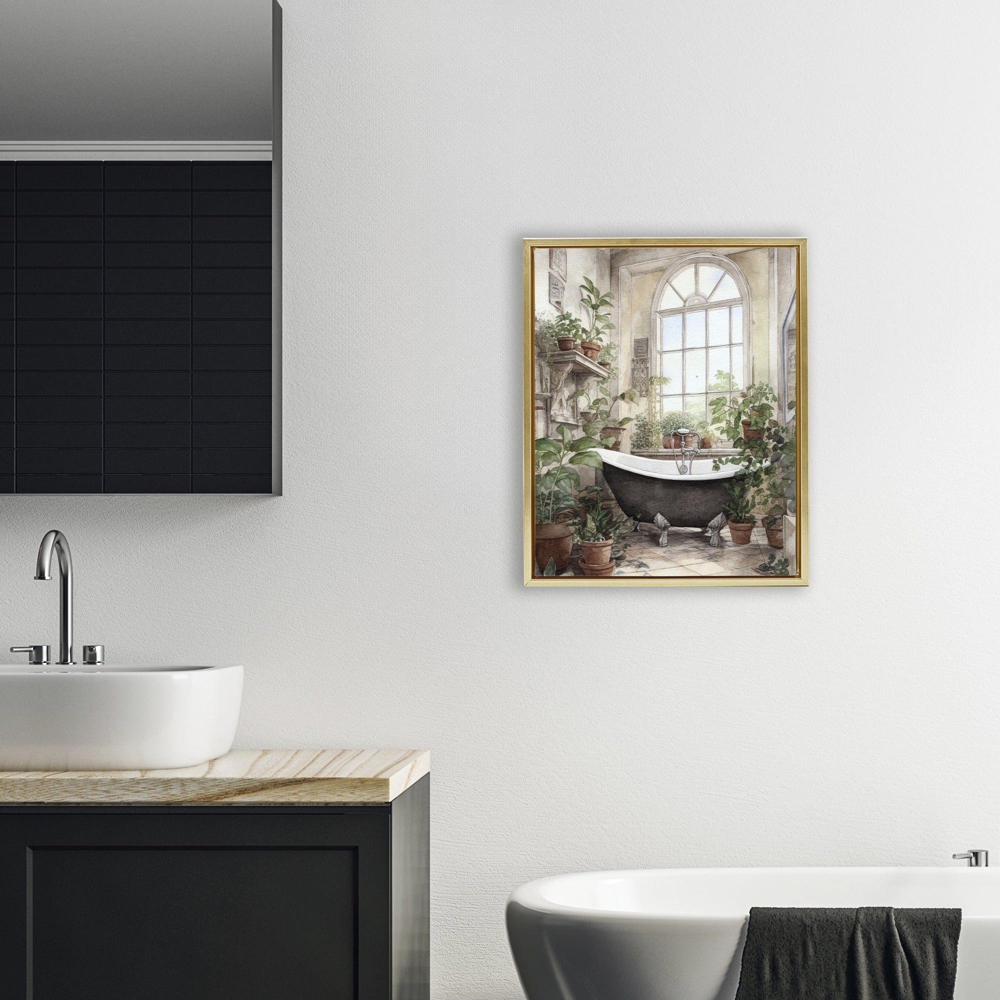 Vintage Sun Lit Bathtub Gold Framed Floater Canvas Wall Art, design by Lettered and Lined