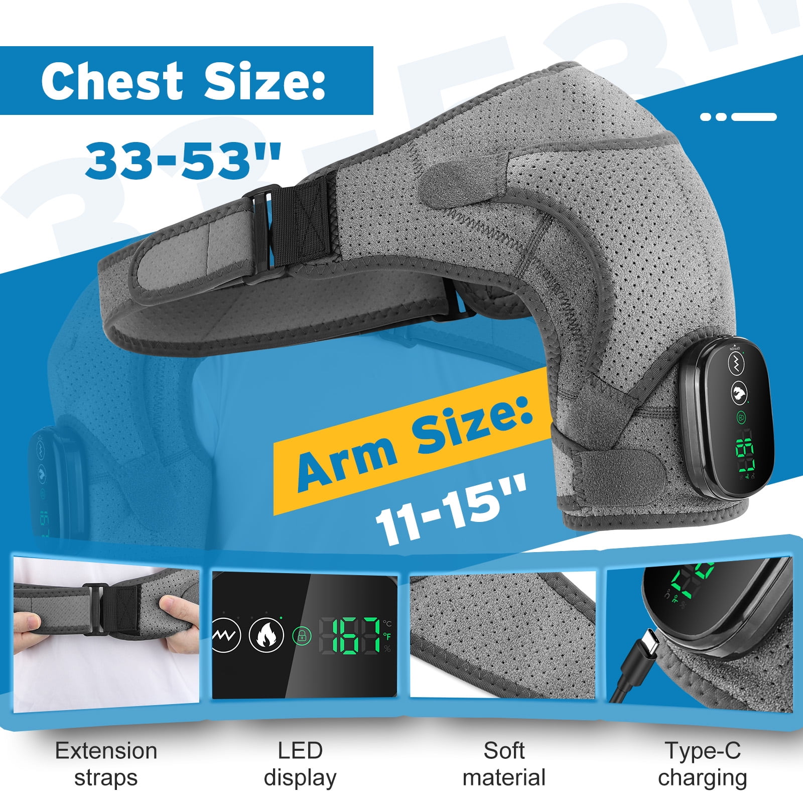 Shoulder Heating Pad, Shoulder Massager, Heated Shoulder Wrap, Adjustable Vibration Strap, 3 Heat Modes, Rechargeable Shoulder Support Soothing Wrap, Heating Pad for Shoulder, Deep Grey