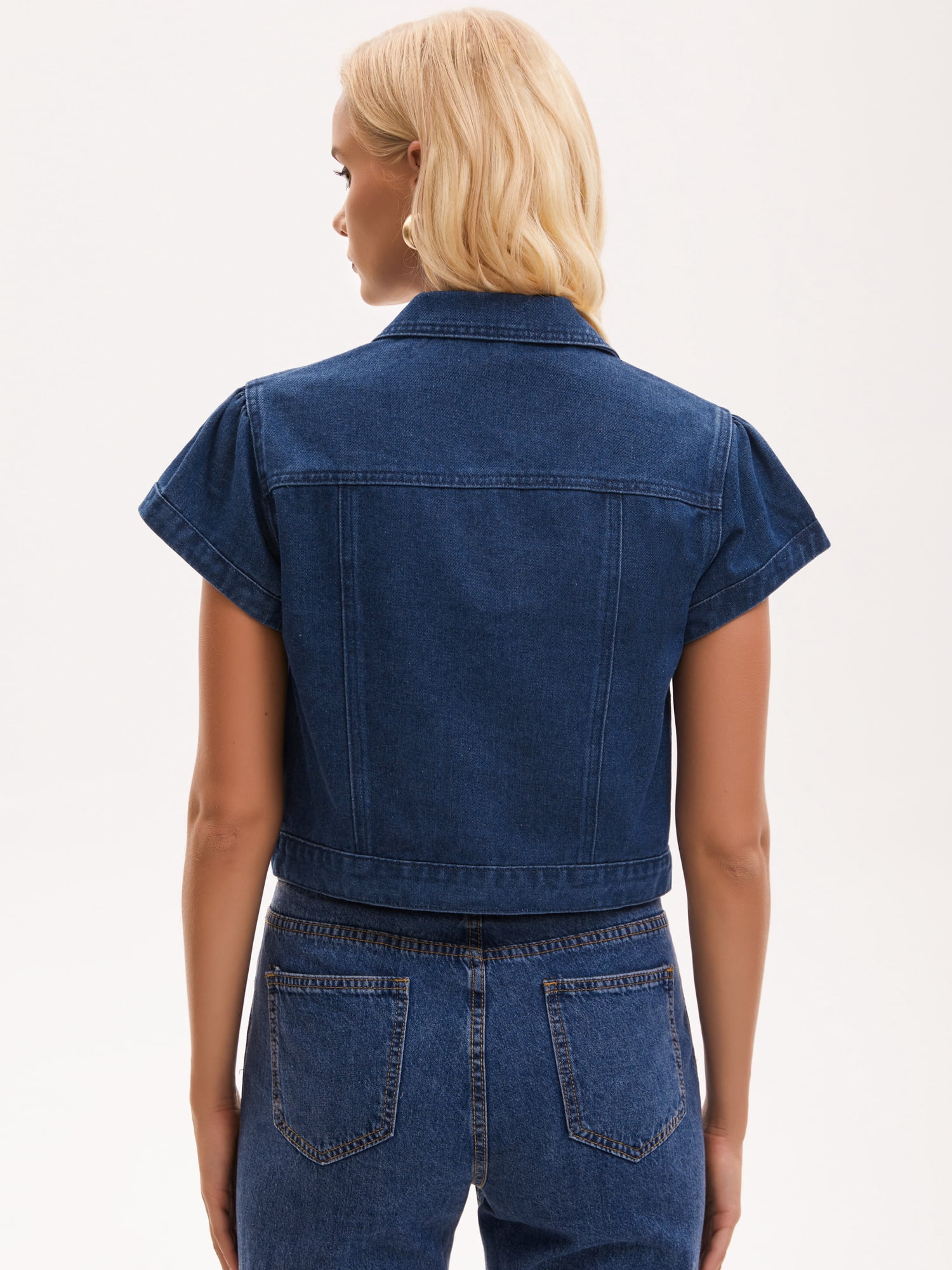 DARING DIVA Women's Cropped Cap Sleeve Button Down Collared Jean Jacket 2XL Dark Blue
