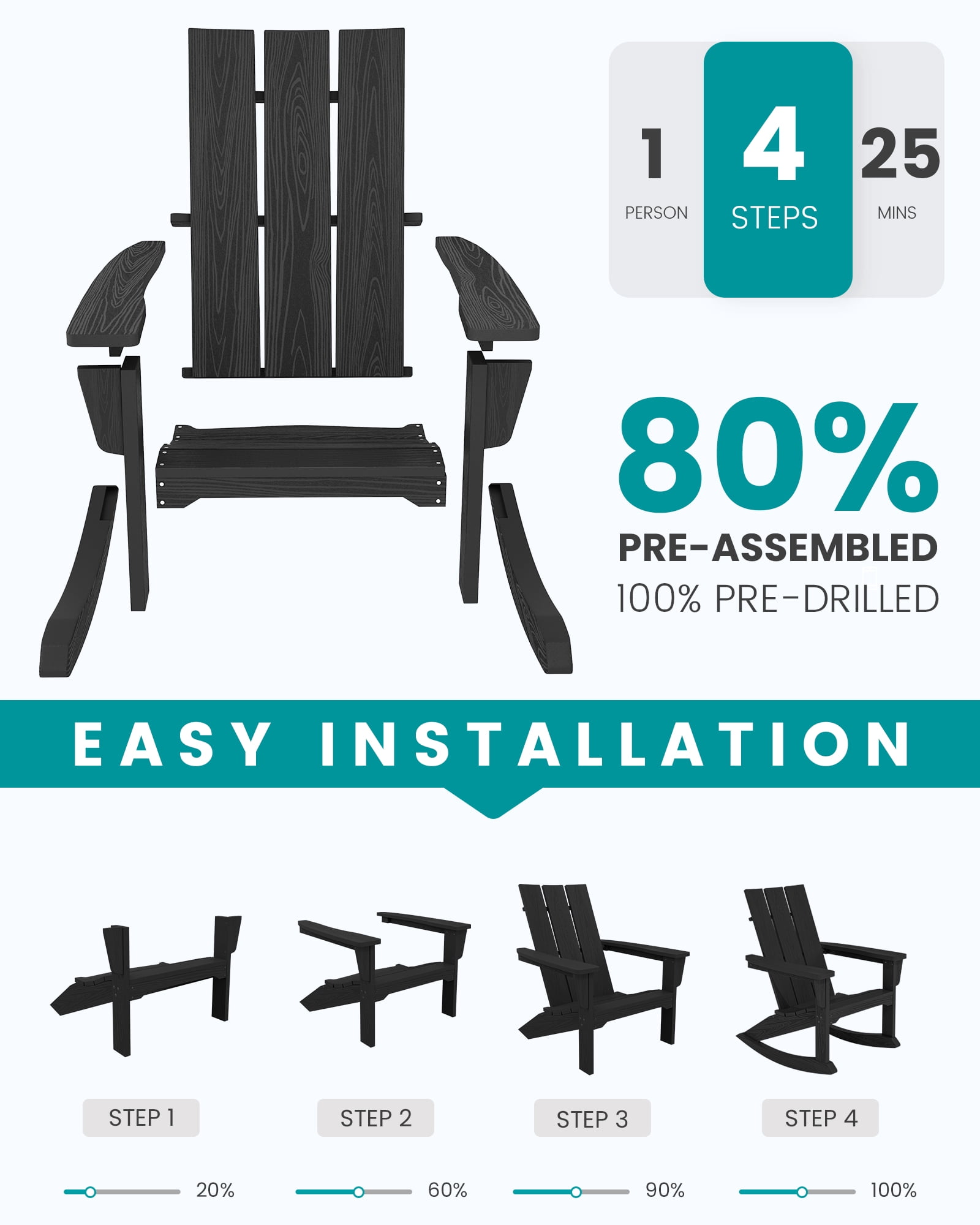SERWALL Modern Adirondack Rocking Chair, HDPE Outdoor Rocking Chair for Patio, Garden, Backyard, Black