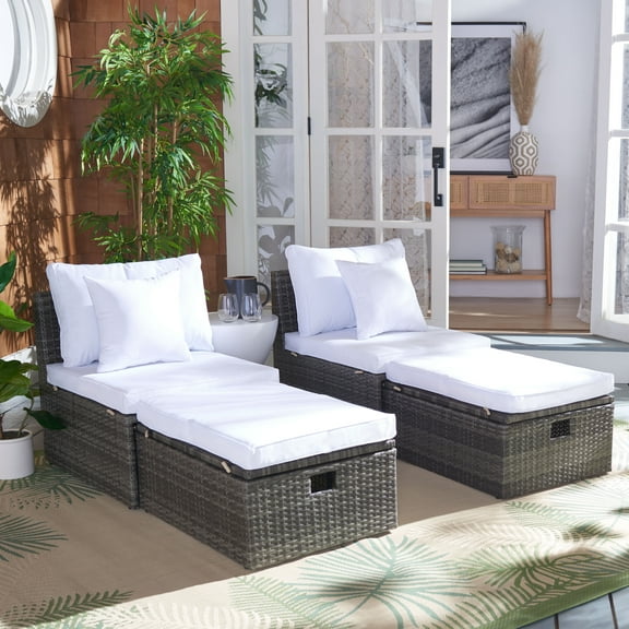 SAFAVIEH Pramla Outdoor Patio 4 Piece Sette With Ottoman, Grey Brown/White