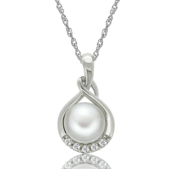Brilliance 925 Sterling Silver Freshwater Pearl and Created White Sapphire Pendant with 18" Chain