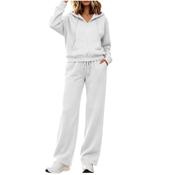 vdgthytj Sweatsuits Women 2 Piece Outfit Full Zip Hooded Jackets Drawstring Straight Leg Pants Fall Winter Tracksuits(X-Large,White)