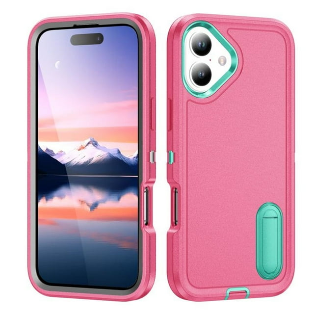 for iPhone 17 Case, iPhone 17 Phone Case with Built in Kickstand, Shockproof/Dustproof/Drop Proof Heavy Duty Military-Grade Rugged Protective Cover for iPhone 17,Rose Red,For iPhone 17