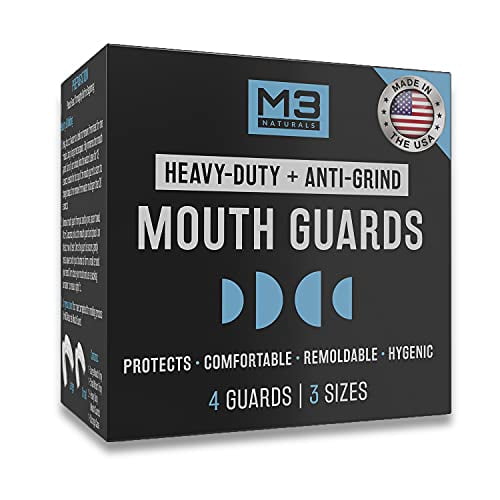 M3 Naturals Heavy Duty Mouth Guards for Teeth Grinding Clenching Bruxism Moldable Trimmable Retainer for Bite, Sleep, Sport Athletic, Mouthguard. Nightguard BPA Free 4 Guards 3 Sizes