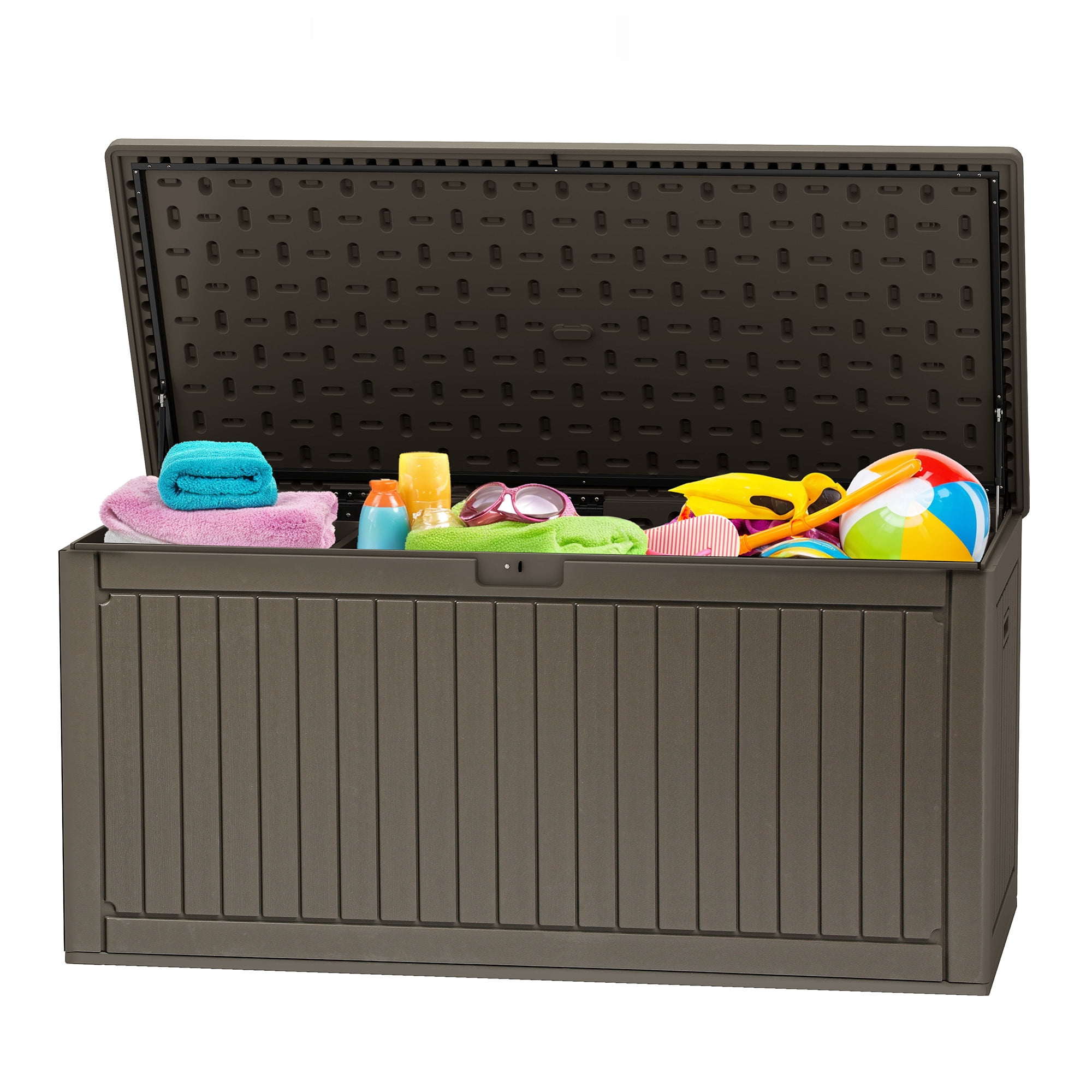 Uforic Outdoor 260 Gallon Large Resin Deck Box, Double-Wall Waterproof Lockable Storage Box with Flexible Divider & Side Handles, Light Brown