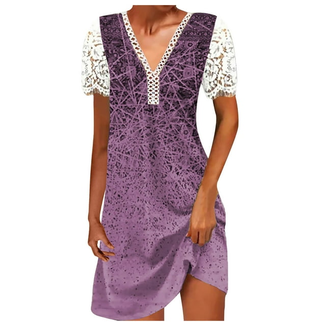 Cameland Robe Ample pour Femme à Col en V, Mode Décontractée, Style Élégant, Chandail à Manches Courtes, Imprimé en Dentelle