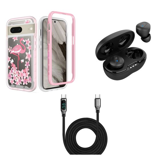 BD Hybrid Protector Case for Google Pixel 7a (Pink Flamingo Flowers) with Wireless Earbuds with Charging Case, Digital LED Display USB-C to USB-C Cable (3.3 Feet)