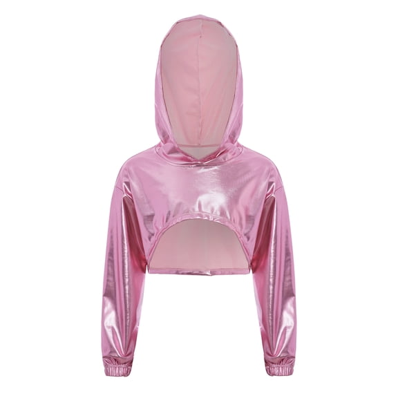 vastwit Kids Girls Metallic Hip Hop Jazz Dance Crop Top Long Sleeve Sparkly Cropped Hoodie Pullover Sweatshirt Pink 12