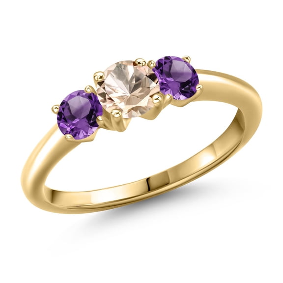 Gem Stone King 10K Yellow Gold Peach Morganite and Purple Amethyst Engagement Ring for Women | 0.90 Cttw | Round 5MM | Gemstone October Birthstone | Size 6
