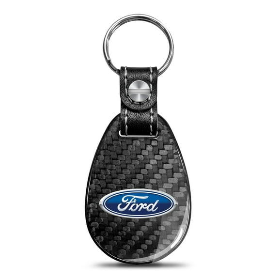 iPick Image for Ford Logo Real Black Carbon Fiber with Leather Strap Large Tear Drop Key Chain, Official Licensed