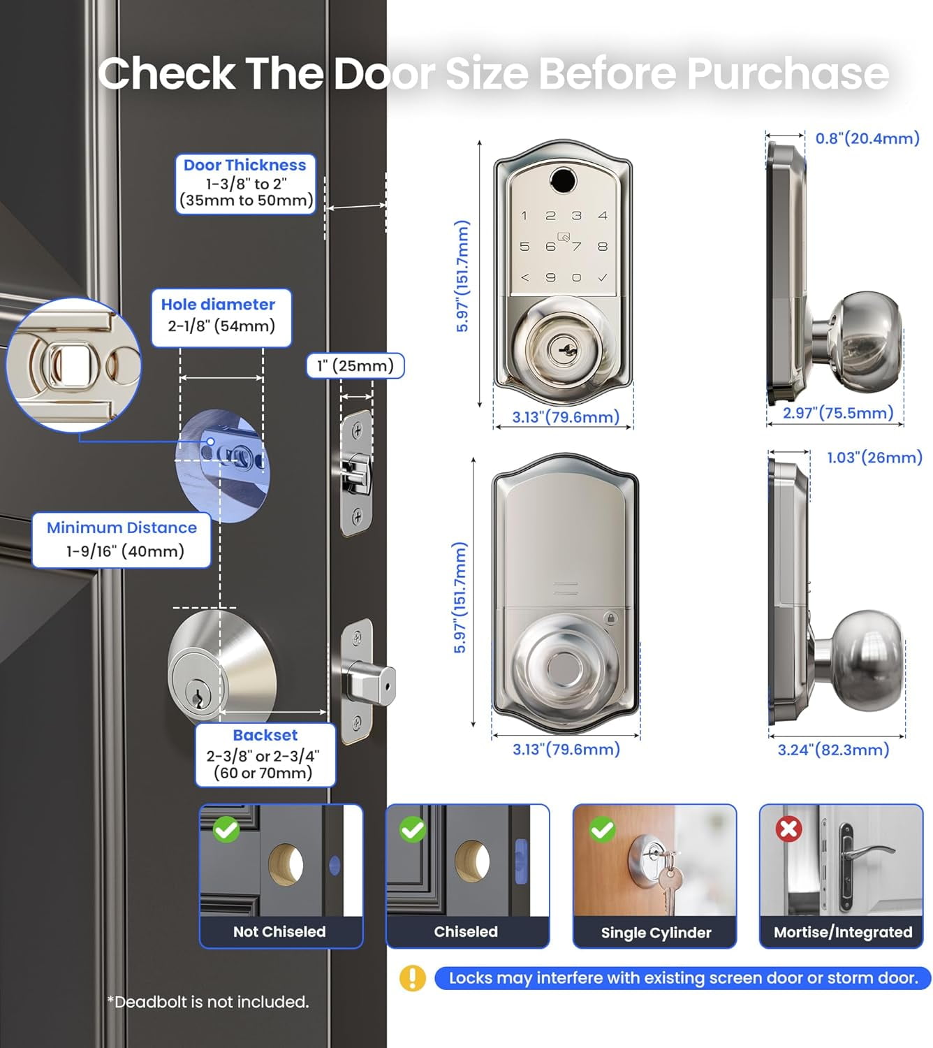 Veise Fingerprint Smart Knob Handle Lock, Keyless Entry, App Control, Electronic Digital Keypad, Remote Access Sharing, Auto Lock, Satin Nickel
