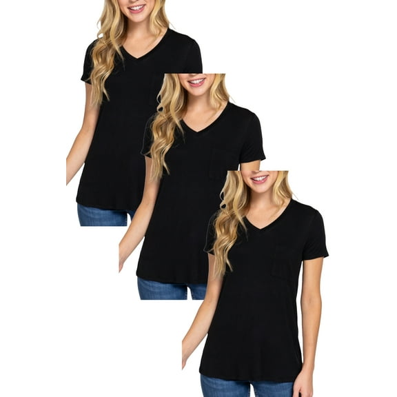 Women's Short Sleeve V-Neck Relaxed Fit T-Shirt with Chest Pocket 3-Pack