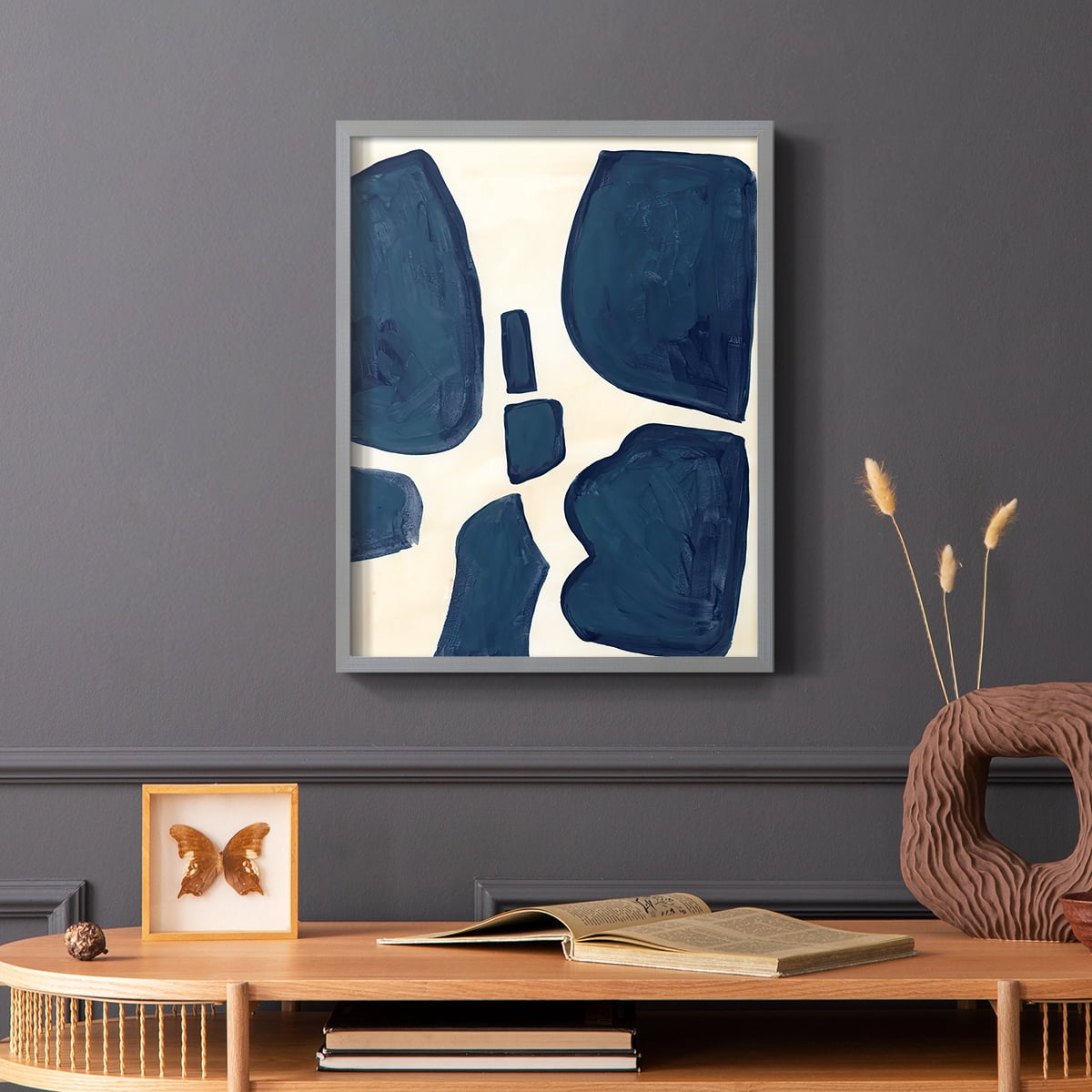 Blue Pieces II Framed Print in Gray Solid Wood Framed Print No Nail Hanging