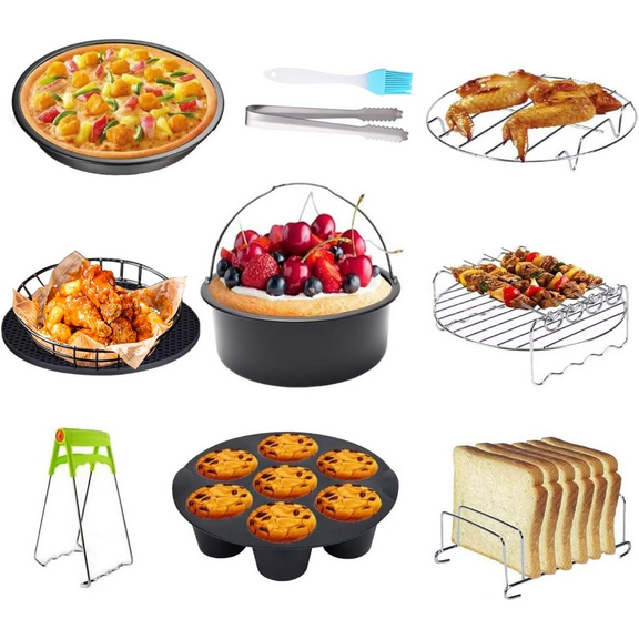 8 Inch Air Fryer Accessories Set of 10 for 3.5Qt-5.8Qt Phillips Nuwave Gowise Gourmia Ninja Dash Air Fryer, with Egg Bites Mold, Pizza Pan, Cake Barrel, Skewer Rack, Silicone Mat