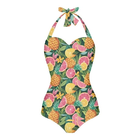 FKELYI Tropical Pineapple Flower Print One Piece Swimsuit for Women V Neck Swimwear with Soft Pads Tummy Control Monokini Bathing Suit Summer Beachwear for Lady Swimming Surfing  XL