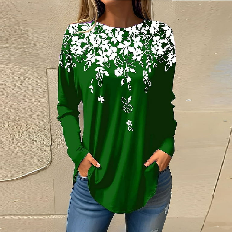 Knosfe Plus Size Tunic Tops Long Sleeve Floral Dressy Tops 2023 Loose Plus  Size Casual Fashion Shirts Women Crew Neck Trendy Womens Pullover