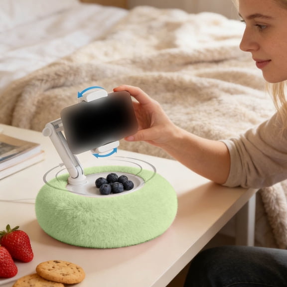 Fabric Phone Holder Stand with Snack Tray, 360° Rotating Adjustable Arm for 4"-13" Phones/Tablets/E-Readers, Bed Desk Sofa Use(Green)