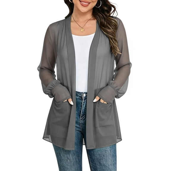 Beach Cover Ups for Women Chiffon Cardigan Open Front 3/4 Sleeve Sheer Lightweight Swimwear Cover Up Top