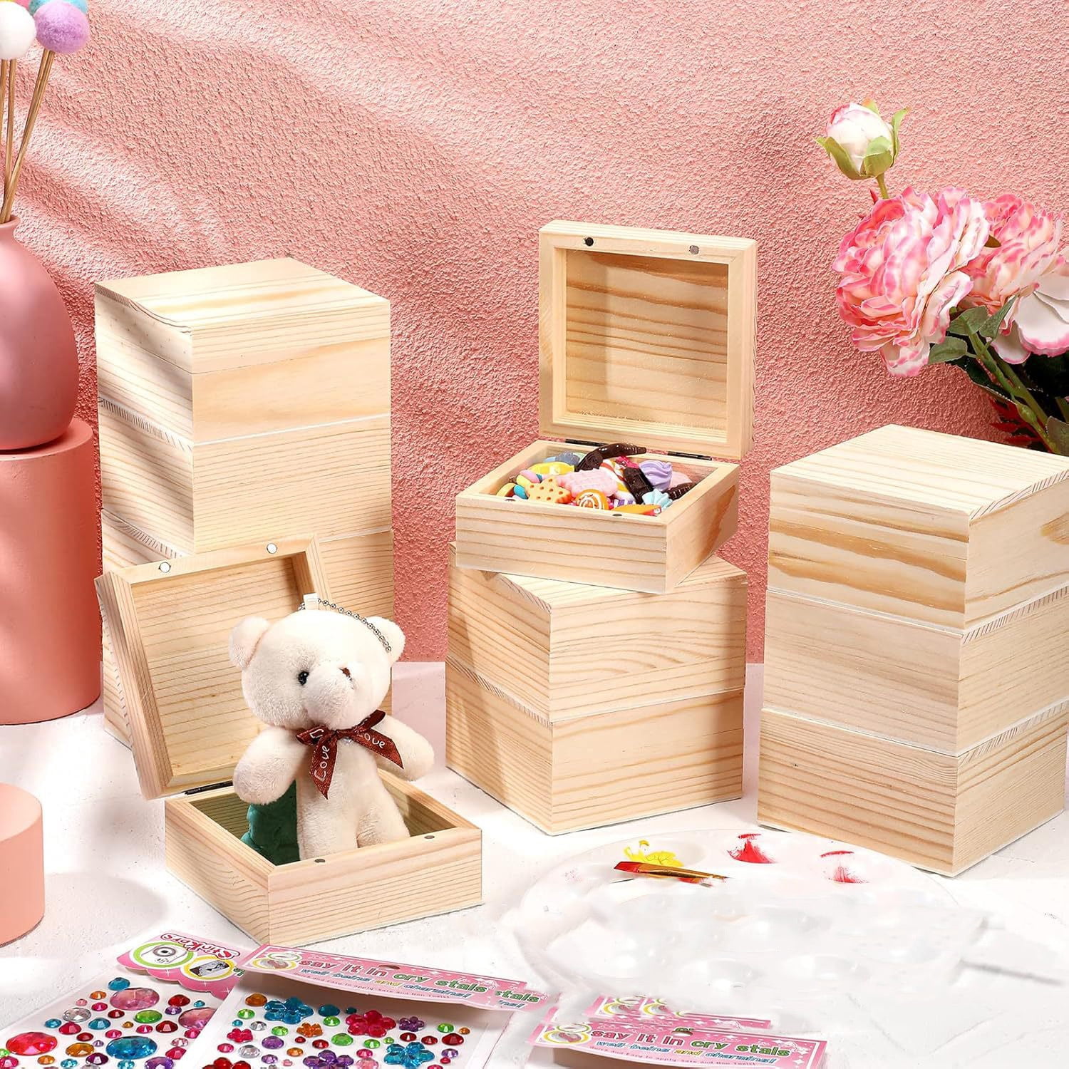 4 Pack Unfinished Wooden Boxes with Hinged Lids,Bexikou Wood Storage Boxes to Paint,Small Craft Unpainted Box for DIY Craft Home Storage Art Project