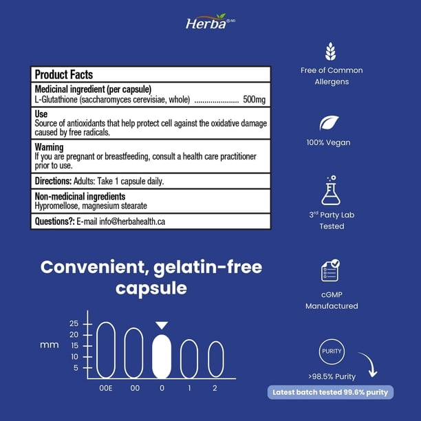 Herba Glutathione Supplement 500 mg - 60 Vegetable Capsules | L-Glutathione  Reduced Active Form | Made in Canada