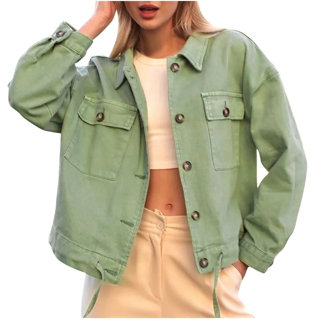 Gpaecead Veste en Jean en Denim de Base pour Femme, Décontractée, à Manches Longues, Style Workwear, Boutonnée, Extensible, Ajustée, Veste en Denim
