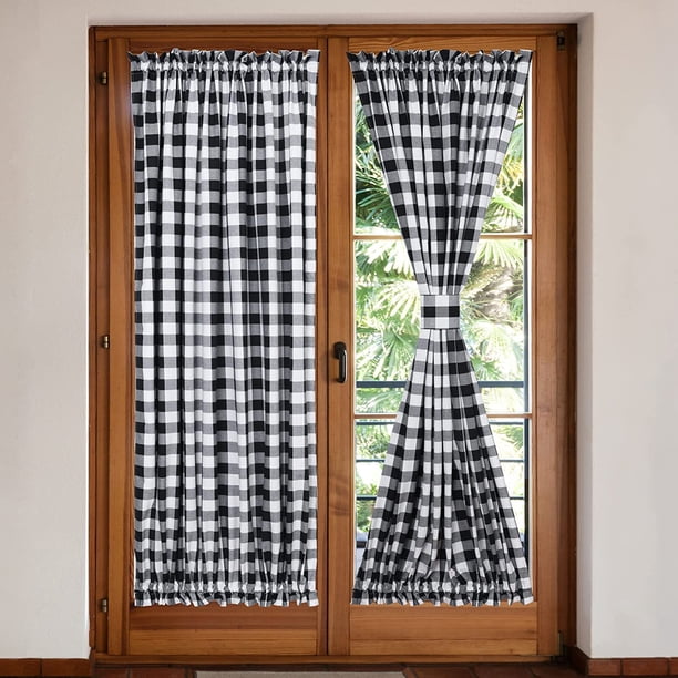 2 Pzas de Cortinas para Puerta Francesa con Diseño de Cuadros de Búfalo, Cortinas Laterales con Bolsillo para Barra, Paneles de Cortinas para Puerta Principal con Abrazaderas Adicionales, Blanco y Ne