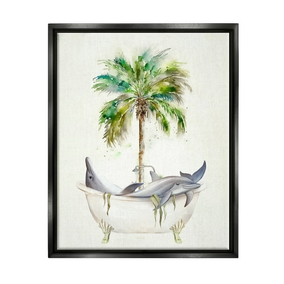 Stupell Tropical Dolphins Bathroom Tub Animals & Insects Painting Black Floater Framed Art Print Wall Art