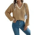 thumbnail image 2 of Women'S Long Sleeve V Neck Cable Knit Sweater 2025 Fall Pullover Top Cute Soft Dressy Casual Outfits Khaki L, 2 of 9