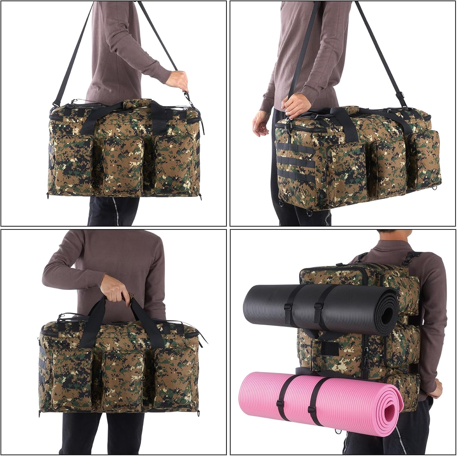 LuckySunDecorQZ 55L luggage bag with compartments and straps, suitable for men, large-sized sports and fitness luggage bag, suitable for weekend travel and camping (Camo Tan)