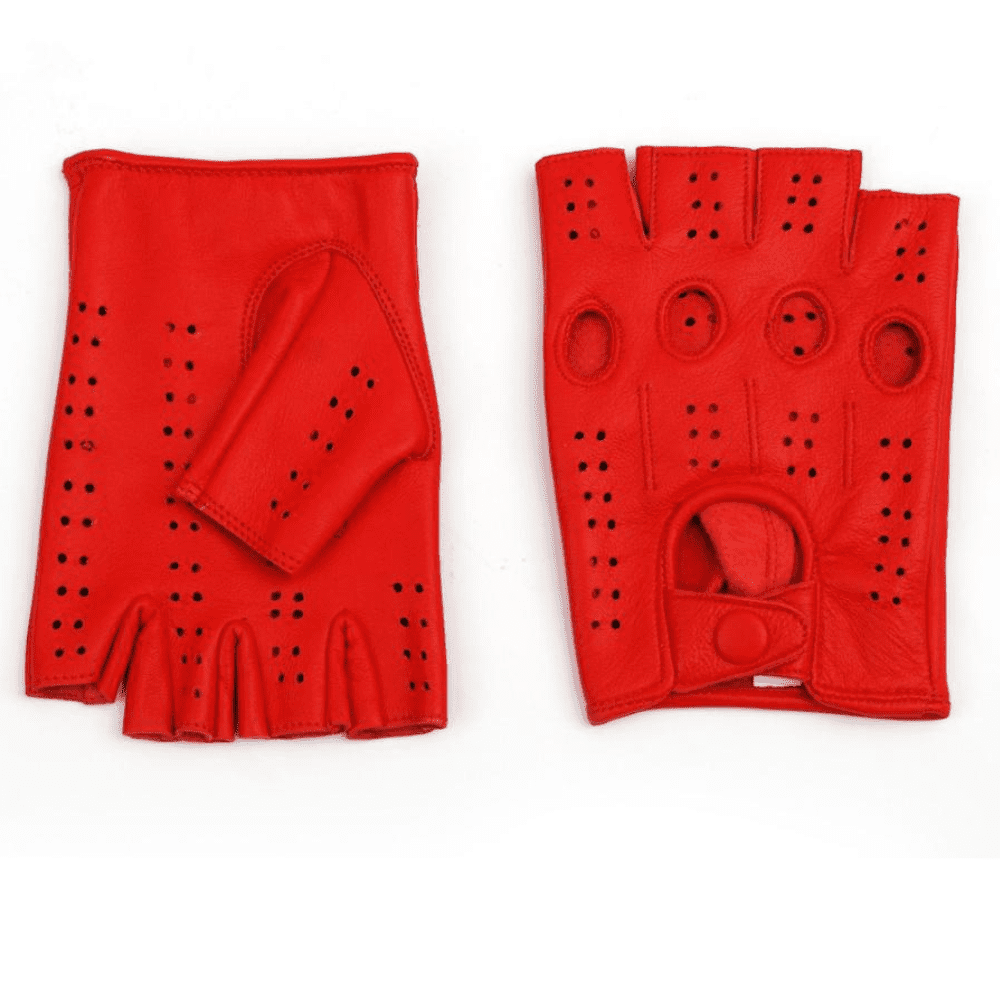 Driving Half Finger Finger less Knuckle Holes For Men Genuine Motorcycle Leather Gloves Red M