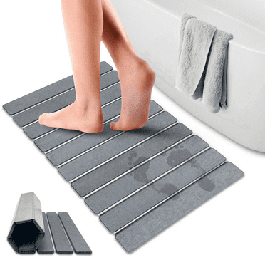 Large Foldable Stone Bath Mat 24" x 16" – Diatomaceous Earth Shower Mat, Quick Dry, Non-Slip, Super Absorbent, Easy to Clean, Dark Grey