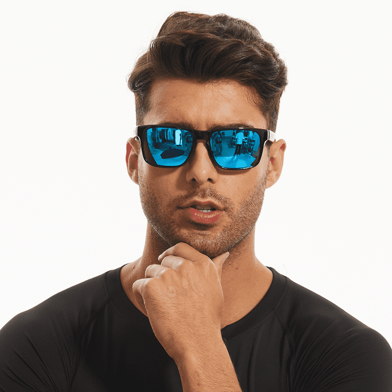 BNUS Polarized Sunglasses Men Women Corning Real Glass Lens Shiny Black /  Blue Mirrored Lenses