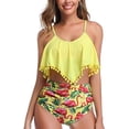 thumbnail image 1 of Women High Waisted Bikini Ruffle Swimsuit Flounce Pom Pom Trim Two Piece Bathing Suit Yellow&flamingo (L, 1 of 7