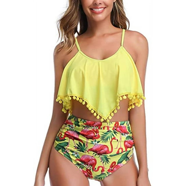 Women High Waisted Bikini Ruffle Swimsuit Flounce Pom Pom Trim Two Piece Bathing Suit Yellow&flamingo (L