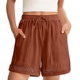 thumbnail image 4 of POROPL Shorts for Women,Cotton Linen Elastic Waist Drawstring Lace Trim Shorts with Pockets,Coffee Size 8, 4 of 8