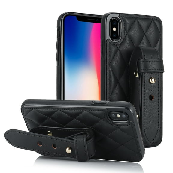 ELEHOLD Luxury Leather Case for iPhone XS/X Premium Leather Case with Adjustable Non-Slip Wristband Full Body Case Shockproof protective Cover for Women Girls,black