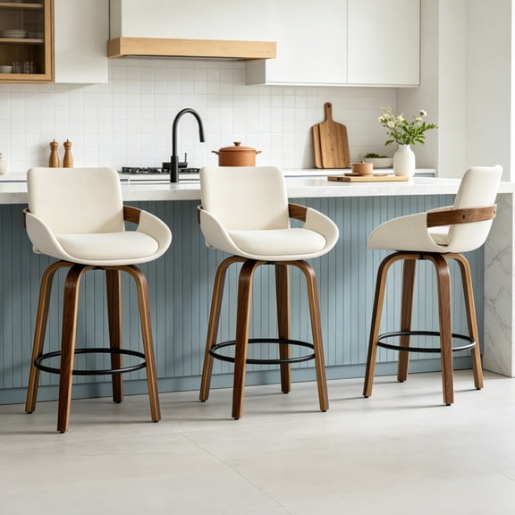 ClinQ Counter Height Swivel Bar Stools Set of 3, Linen Fabric Upholstered 360° Rotating Chairs with Walnut Legs and Metal Footrest, Beige
