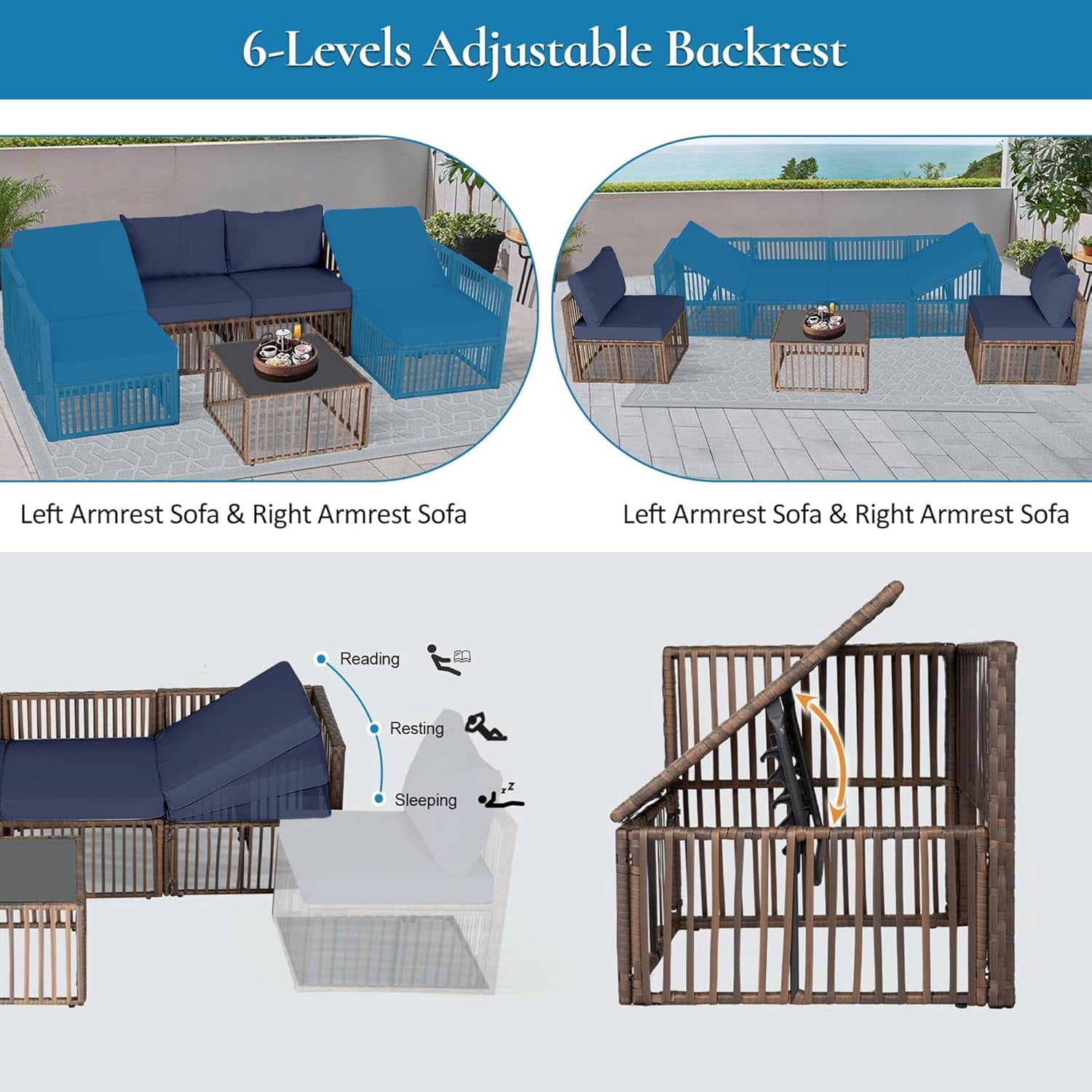 Ainfox 7 Pieces Outdoor Wicker Patio Furniture Set, Adjustable Backrest Sectional Conversation Couch with Thick Cushions & Coffee Table for Garden Porch Poolside, Brown/Blue