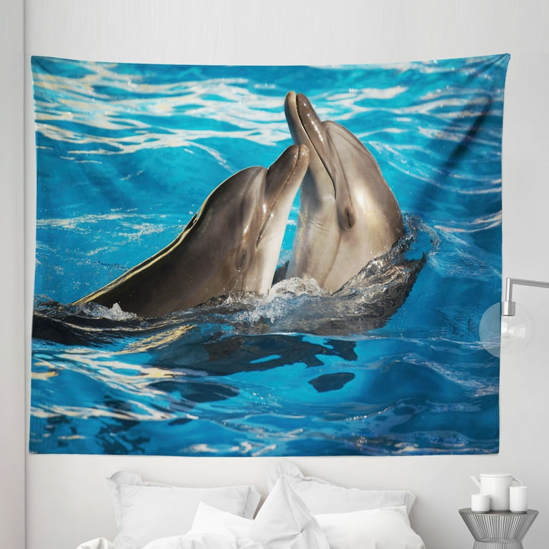 Dolphin Tapestry Aqua Show Pair of Dolphins Dancing in the Pool Animal Family Tenderness Love Fabric Wall Hanging Decor for Bedroom Living Room