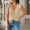 thumbnail image 3 of Women's Sleeveless Button Down Cropped Sweater Vest Cardigan Waistcoat, Scalloped V Neck Knit Vest for Women, Cropped Hollow Out Sweater Vest, Lightweight Textured Knit Beach Vacation Layering Khaki, 3 of 5