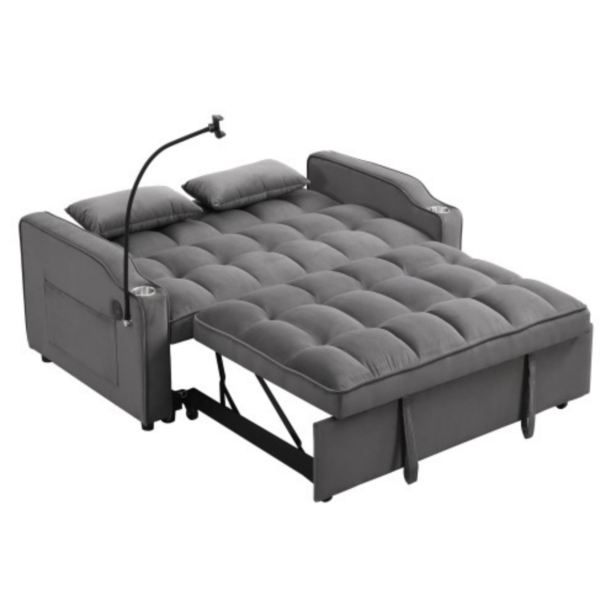 Velvet Loveseat Sofa Bed, 3-in-1 Convertible Sleeper Couch with USB Ports & Pullout Bed, Dark Gray
