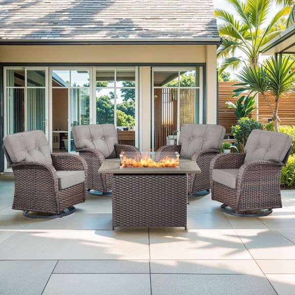 Gymojoy 5-Piece Patio Conversation Set with 4 Swivel Glider Lounge Chairs with 5 Inch Cushions and 41 Inch Fire Pit Table,50,000 BTU, Outdoor Furniture Set for Garden, Deck, Backyard