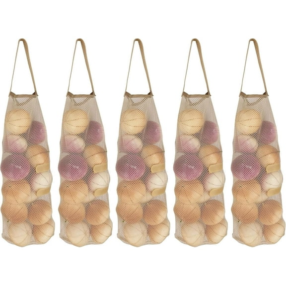 YEKEYI Hanging Mesh Storage 5Pack Potato & Onion Bags - Large Reusable Net Produce Bags (Beige)