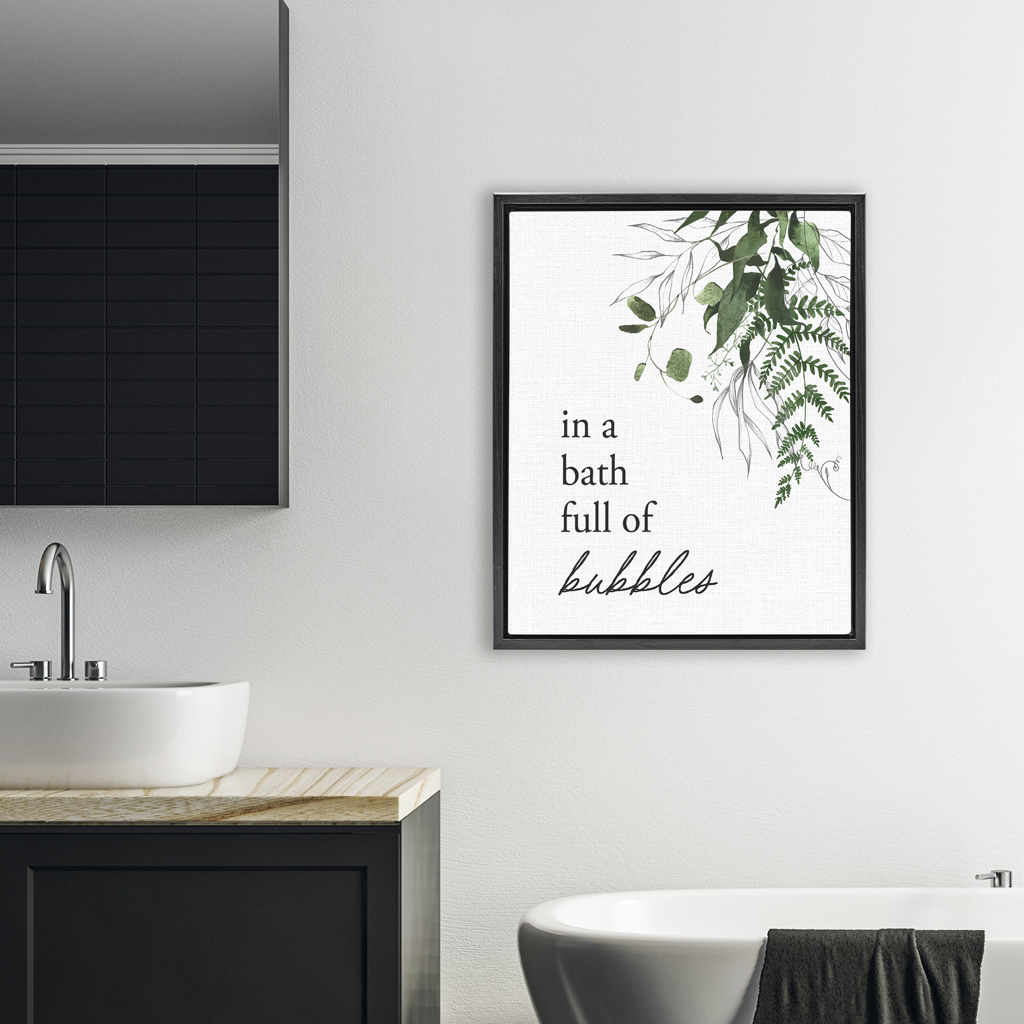 Forest Foliage Bubble Bath Black Framed Floater Canvas Wall Art, design by Lettered and Lined