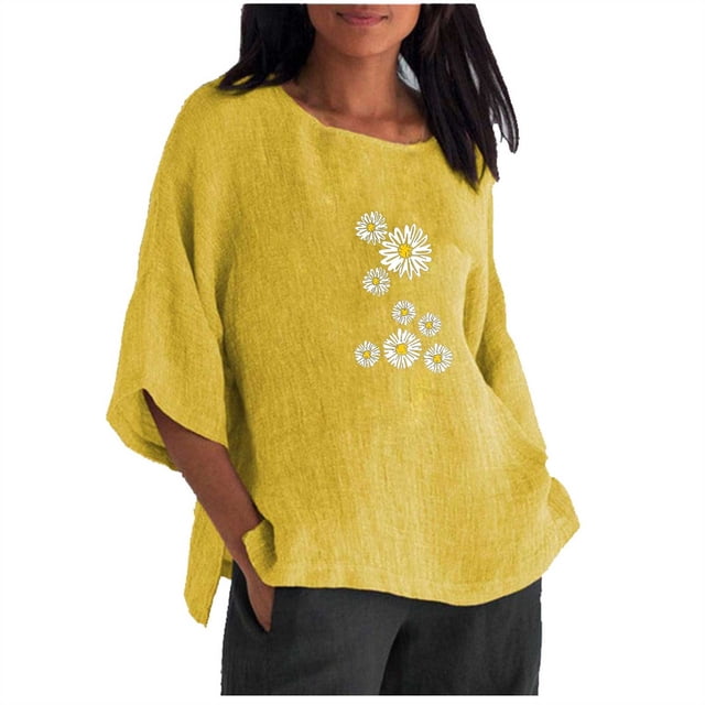Hauts d'Été pour Femmes 2023 Mode Femmes Été Imprimé Trois Quarts Manches Courtes Col Rond Régulier T-Shirt Bohème Grande Taille pour Femmes