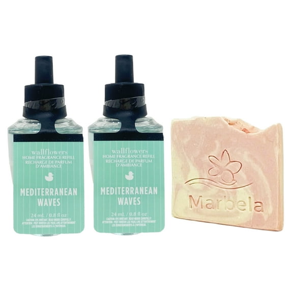 Bath & Body Works Mediterranean Waves 2 Pack Home Fragrance Refill Bulbs with a Himalayan Salts Springs Sample Soap