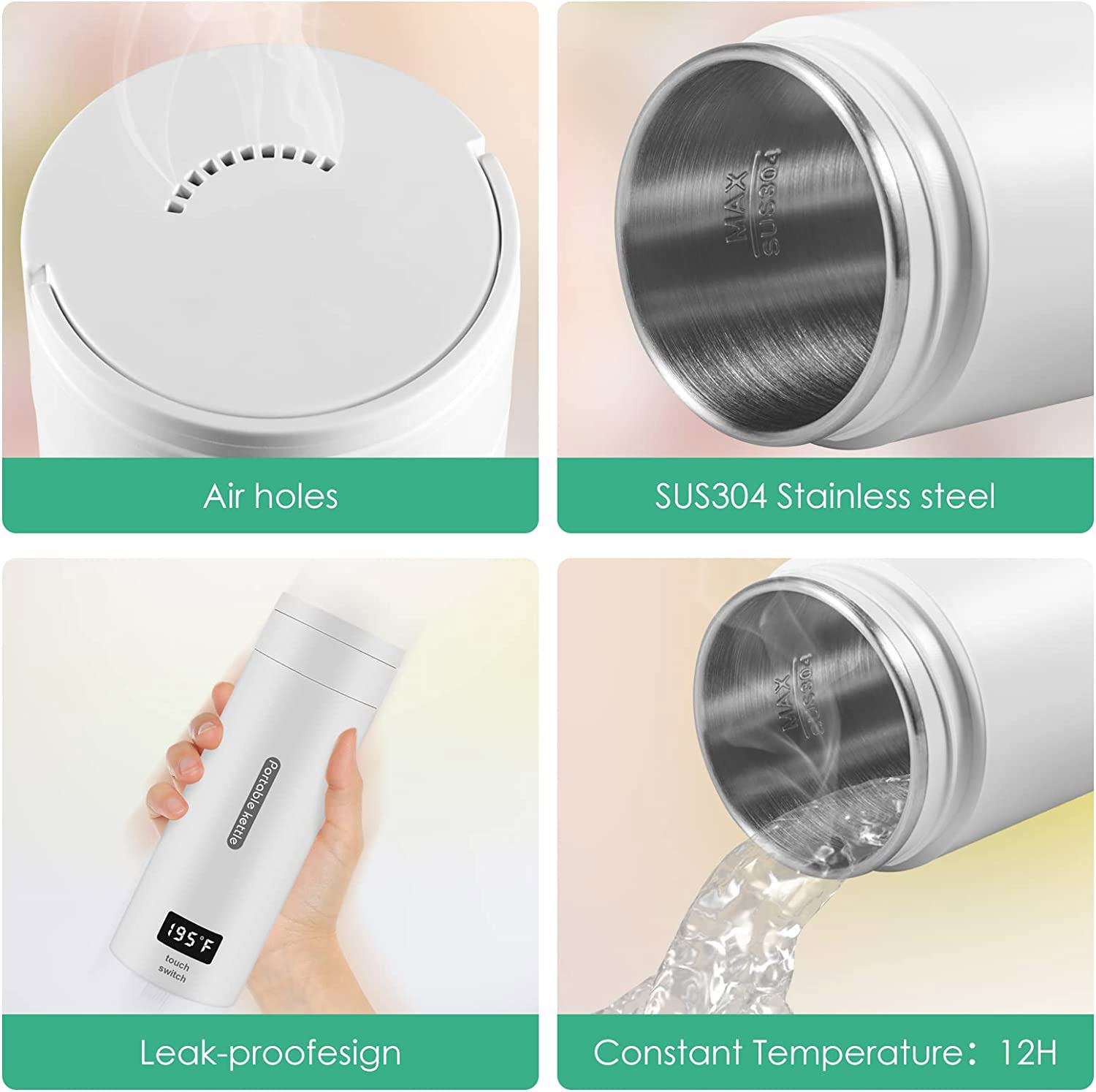 2Z Travel Portable Electric Kettle, 380ML Small Mini Coffee Tea Kettle, One Cup Hot Water Maker with Auto Shut-Off, 304 Stainless Fast Water Boiler with four-speed temperature adjustment